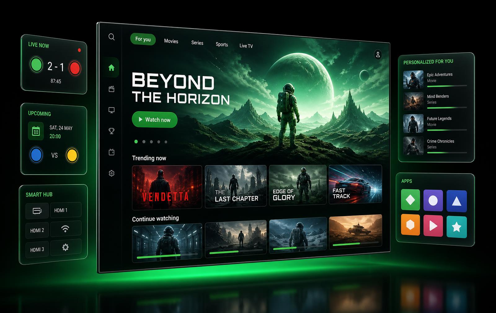 Interface da Coala Play em uma TV moderna com filmes, séries, esportes ao vivo e apps